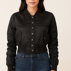 Black Satin Bomber Jacket Ruched Sleeves & Silver Button Detail Sz12 =M/L